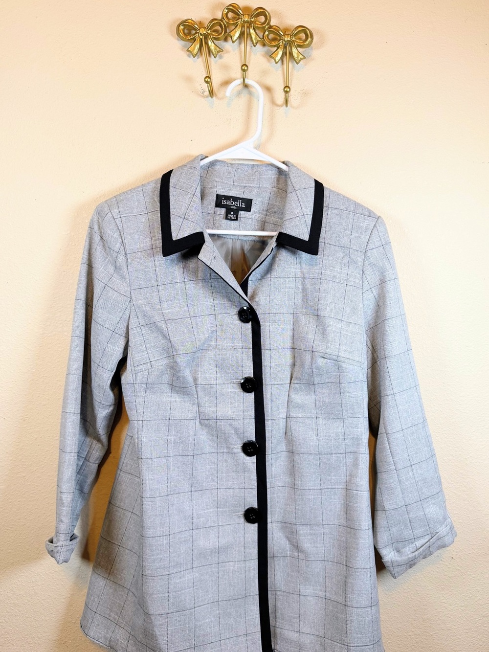 Isabella Women's Light Gray & Black Windowpane Blazer with Black Trim. Size 8